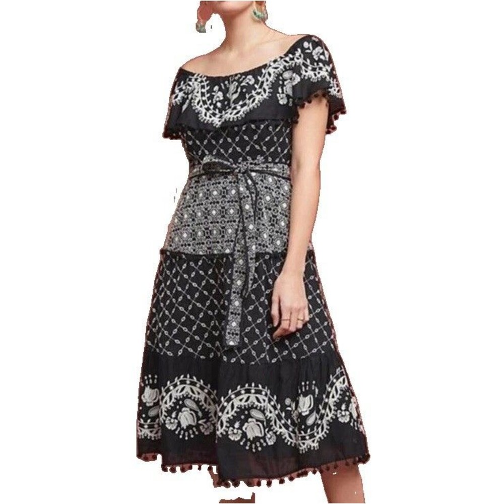 Anthropologie Marisol Off-The-Shoulder Dress 2 Black White Embroidered Midi